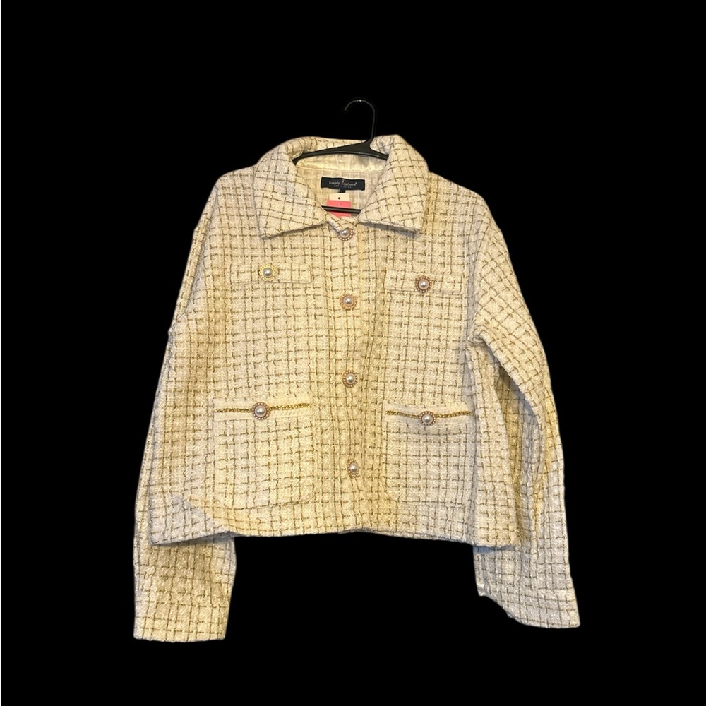 Classic Preppy Cream & Gold Tweed Jacket - Size L